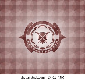 swords crossed with shield icon inside red seamless geometric badge.