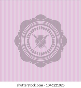 swords crossed with shield icon inside pink emblem. Vintage.