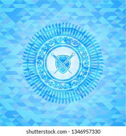 swords crossed with shield icon inside light blue emblem with mosaic ecological style background
