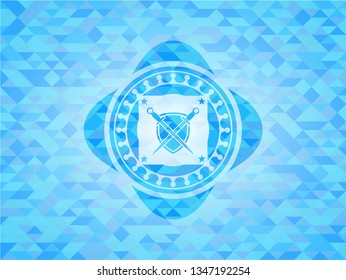 swords crossed with shield icon inside realistic sky blue mosaic emblem