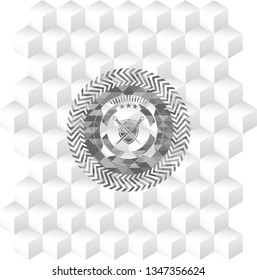 swords crossed with shield icon inside grey badge with geometric cube white background