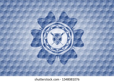 swords crossed with shield icon inside blue badge with geometric pattern.