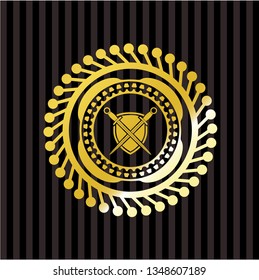 swords crossed with shield icon inside gold badge or emblem