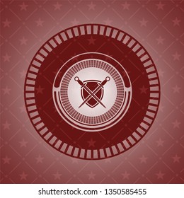 swords crossed with shield icon inside realistic red emblem