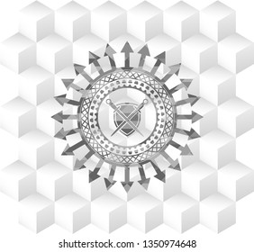 swords crossed with shield icon inside grey emblem with cube white background