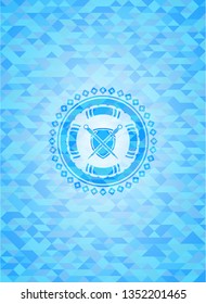 swords crossed with shield icon inside sky blue emblem. Mosaic background