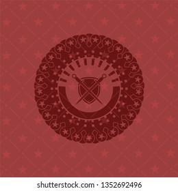 swords crossed with shield icon inside realistic red emblem