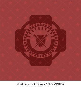 swords crossed with shield icon inside retro style red emblem