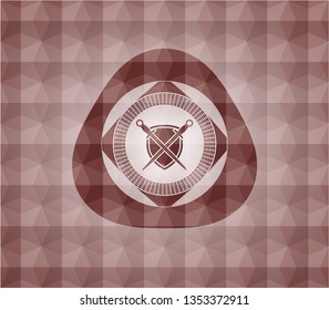 swords crossed with shield icon inside red geometric badge. Seamless.