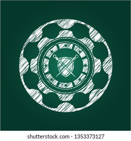 swords crossed with shield icon inside chalkboard emblem
