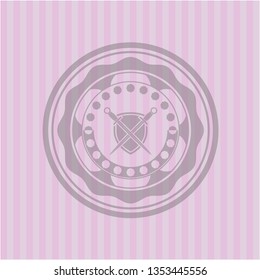 swords crossed with shield icon inside pink emblem