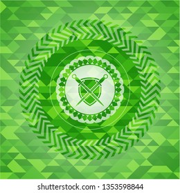 swords crossed with shield icon inside green emblem. Mosaic background