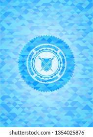 swords crossed with shield icon inside sky blue emblem with mosaic background