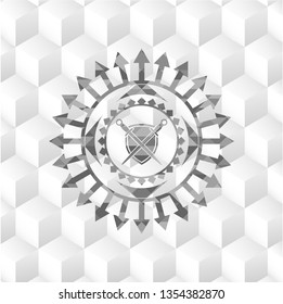 swords crossed with shield icon inside realistic grey emblem with geometric cube white background
