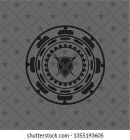 swords crossed with shield icon inside black emblem