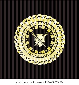 swords crossed with shield icon inside gold badge