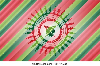 swords crossed with shield icon inside christmas colors emblem.
