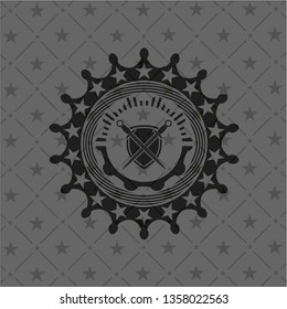 swords crossed with shield icon inside black emblem. Vintage.