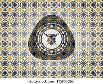 swords crossed with shield icon inside arabic emblem. Arabesque decoration.