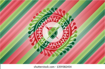 swords crossed with shield icon inside christmas colors badge.