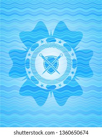 swords crossed with shield icon inside light blue water badge.