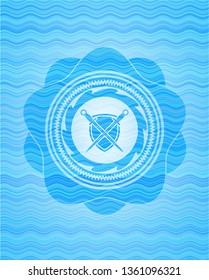 swords crossed with shield icon inside water wave concept style emblem.