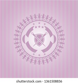 swords crossed with shield icon inside pink emblem