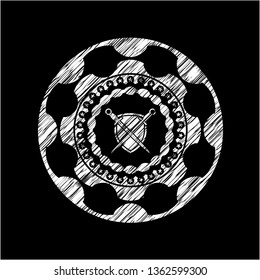 swords crossed with shield icon inside chalkboard emblem on black board