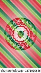 swords crossed with shield icon inside christmas style emblem.