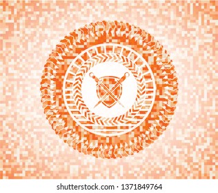 swords crossed with shield icon inside orange mosaic emblem with background