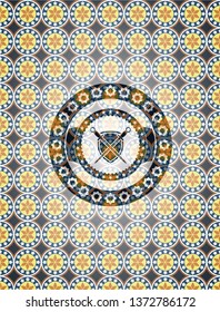 swords crossed with shield icon inside arabic badge. Arabesque decoration.