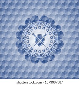 swords crossed with shield icon inside blue emblem or badge with abstract geometric pattern background.