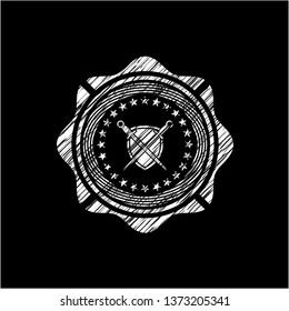 swords crossed with shield icon inside chalkboard emblem on black board
