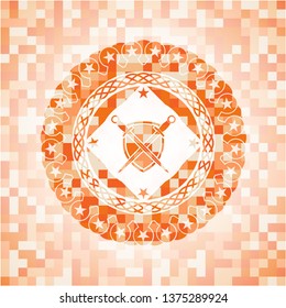 swords crossed with shield icon inside orange mosaic emblem