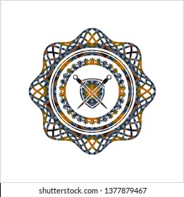swords crossed with shield icon inside arabic badge. Arabesque decoration.