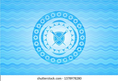 swords crossed with shield icon inside water wave concept badge.