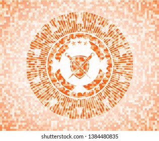 swords crossed with shield icon inside abstract emblem, orange mosaic background