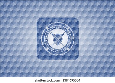 swords crossed with shield icon inside blue badge with geometric background.