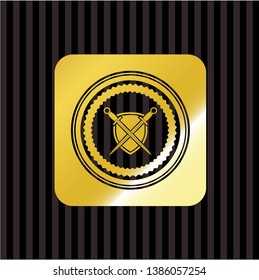 swords crossed with shield icon inside gold shiny badge