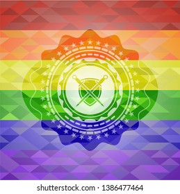 swords crossed with shield icon inside emblem on mosaic background with the colors of the LGBT flag