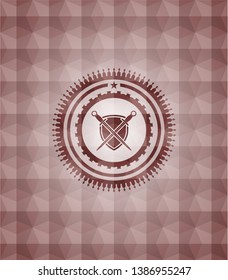 swords crossed with shield icon inside red geometric pattern emblem. Seamless.