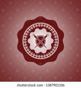 swords crossed with shield icon inside retro red emblem