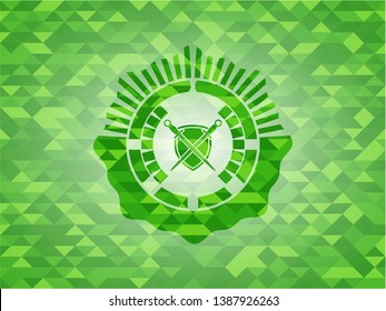 swords crossed with shield icon inside green emblem. Mosaic background