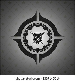 swords crossed with shield icon inside dark emblem. Retro