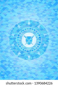 swords crossed with shield icon inside light blue emblem. Mosaic background