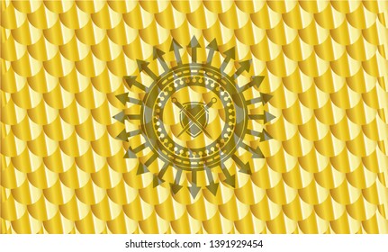 swords crossed with shield icon inside gold badge. Scales pattern. Vector Illustration. Detailed.