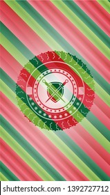 swords crossed with shield icon inside christmas style badge..