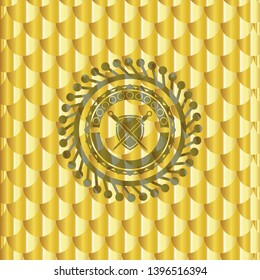 swords crossed with shield icon inside golden badge. Scales pattern. Vector Illustration. Detailed.