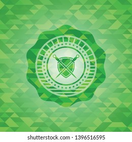 swords crossed with shield icon inside green emblem with mosaic ecological style background
