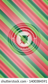 swords crossed with shield icon inside christmas badge background.
